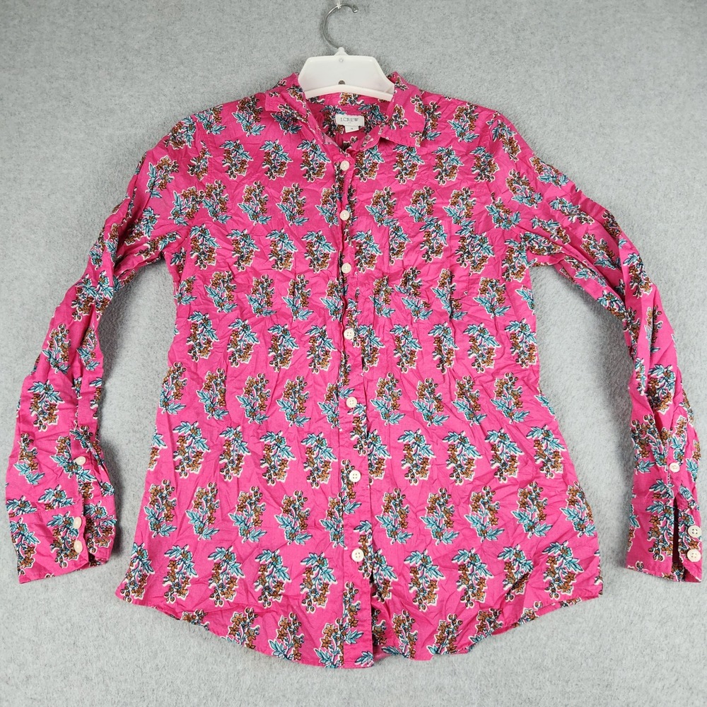 J.Crew Shirt Womens Small Pink Multi Floral Curved Hem Collared Button Up Casual